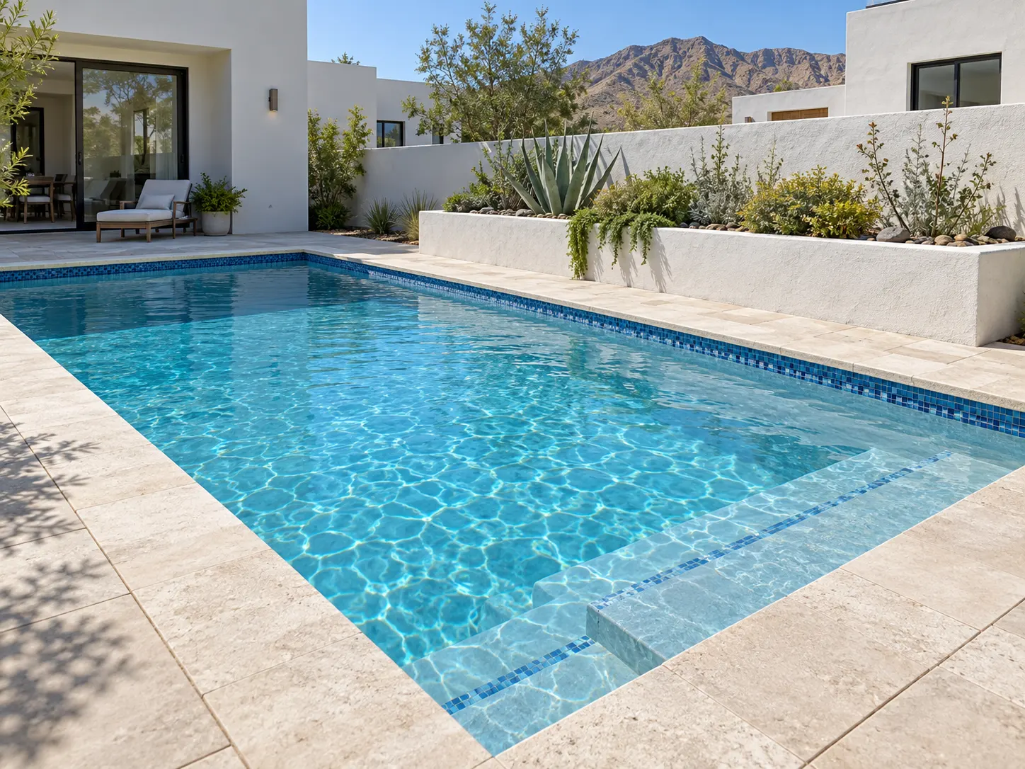 Alberca residencial con agua cristalina, bordes de piedra clara y jardineras de concreto blanco