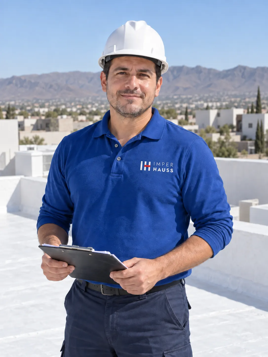 Trabajador de IMPER HAUSS con uniforme azul en una azotea terminada de Chihuahua